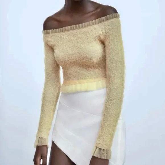 Zara NWT light yellow off shoulder long sleeve textured mesh ruffle trim top - Picture 6 of 10